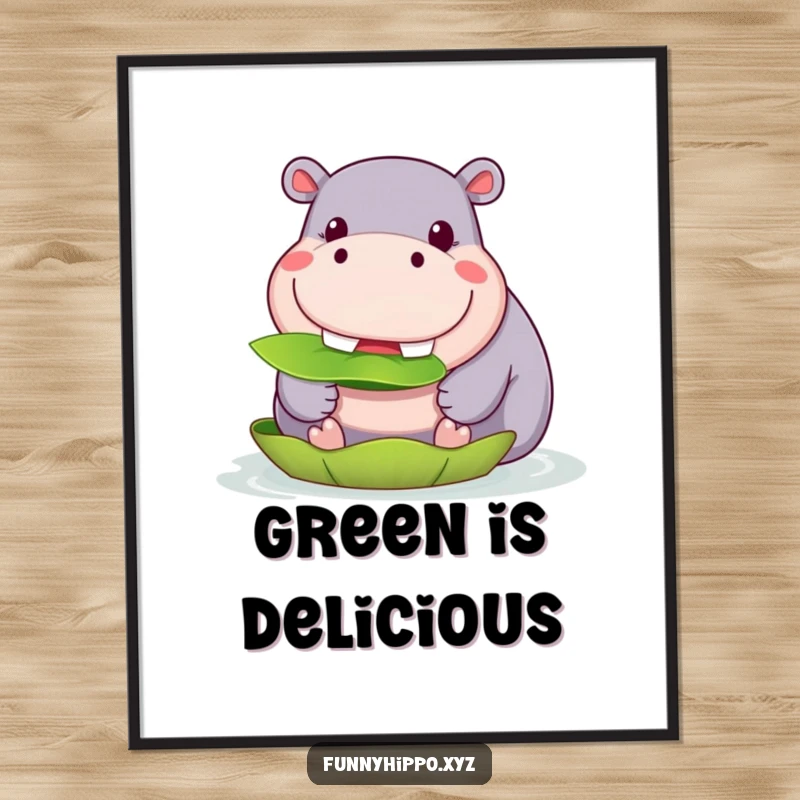 Funny Kawaii Hippo Digital Art Print of a cute hippo with a wide grin happily munching on a lily pad, a cheerful funny art piece.