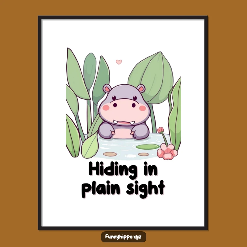 Funny Kawaii Hippo Digital Art: Cute Hippo Peeking Behind Plant, Perfect Instant Funny Gift