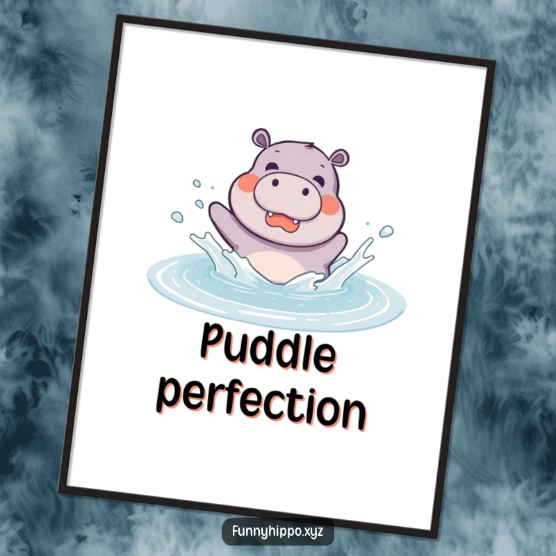 Funny kawaii hippo joyfully splashing in a large puddle, printable digital art showcasing pure happiness and whimsy.