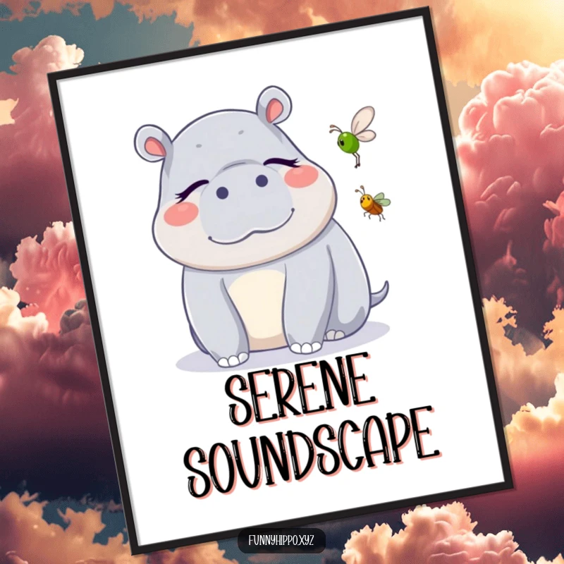Funny Kawaii Hippo Digital Art Print of a cute hippo with closed eyes blissfully listening to a cricket, a serene and funny art piece.