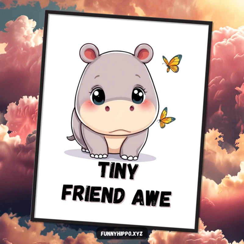 Funny kawaii hippo with wide, curious eyes, observing a tiny butterfly, printable digital art showcasing tranquility.