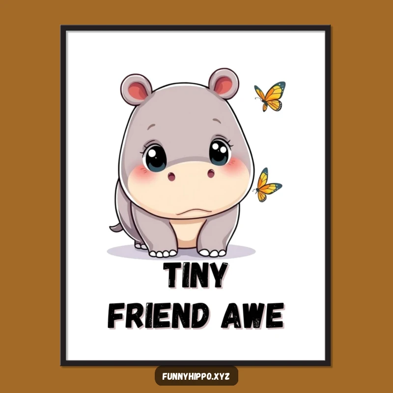 Funny Kawaii Hippo Butterfly Digital Art - Gentle Observation Instant Download