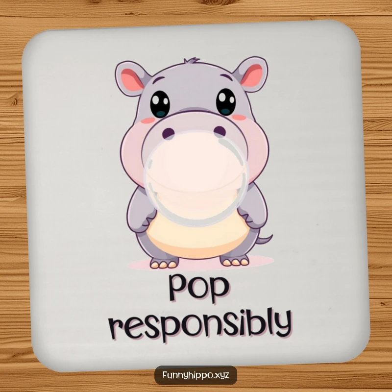 Funny Coaster featuring a Happy Hippo with Wide Eyes Blowing a Large Bubble, protecting surfaces with charm