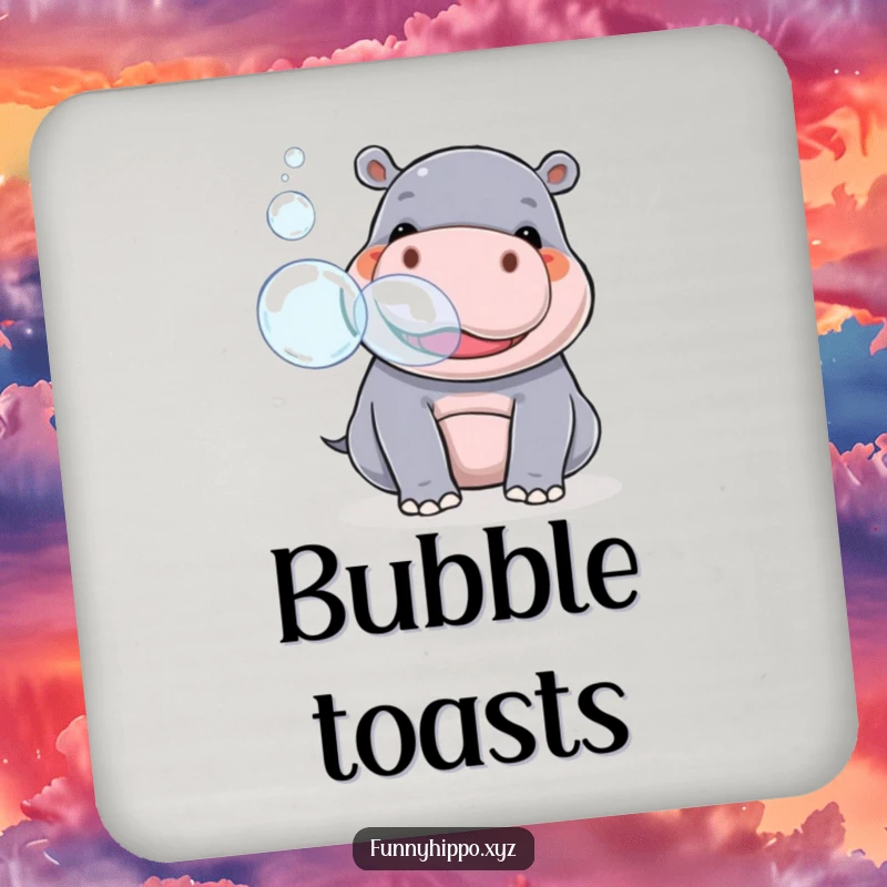 Funny kawaii hippo playfully blowing giant bubbles from its snout, depicted on protective coasters for drinks, adding whimsy.