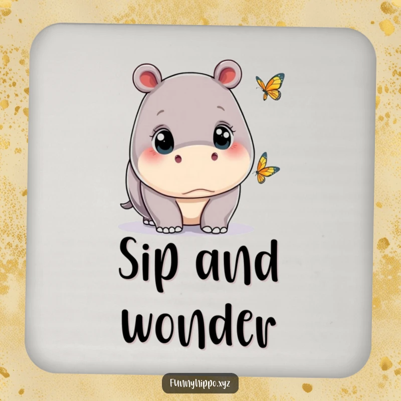 Funny kawaii hippo with wide eyes, observing a tiny butterfly, depicted on protective coasters for drinks, adding serenity.