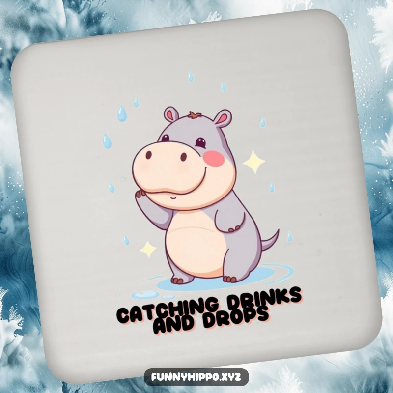 Funny Kawaii Hippo Coaster showing a comical attempt to catch raindrops, a humorous table protector.