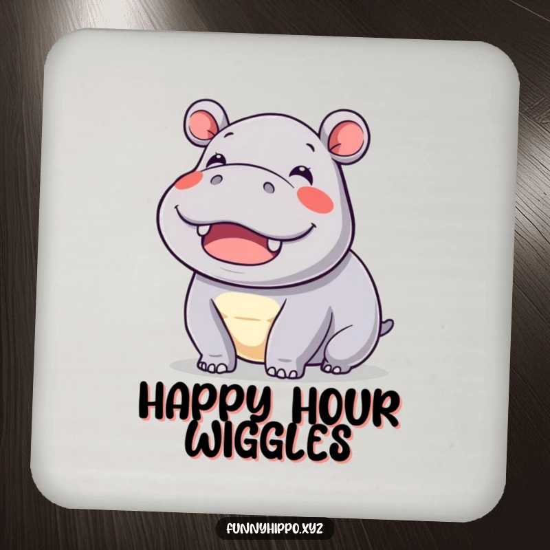 Funny kawaii hippo wiggling its ears with immense delight, depicted on protective coasters for drinks, adding cheer.