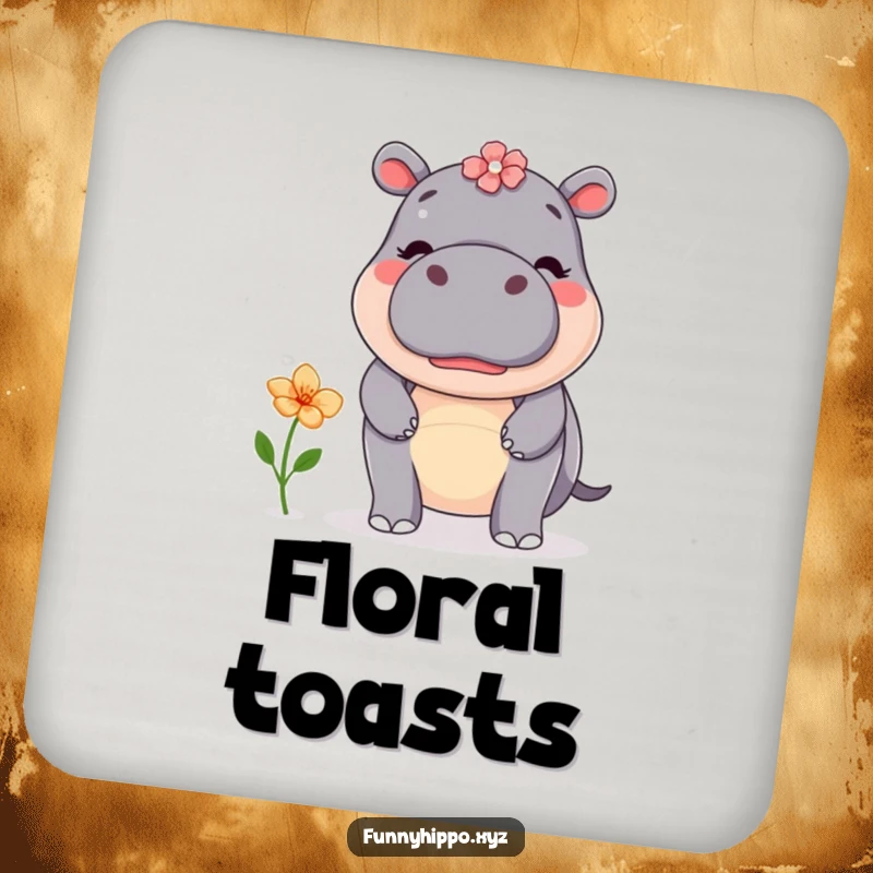 Funny kawaii hippo attempting to balance a flower on its nose, depicted on protective coasters for drinks, adding charm.