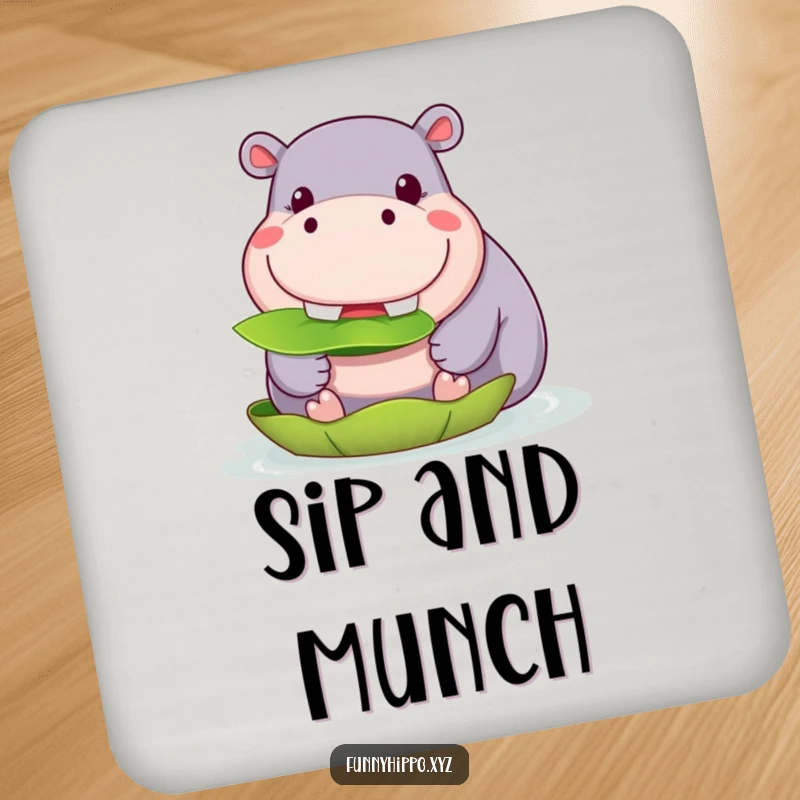 Funny Kawaii Hippo Drink Coaster showing a cute hippo happily munching on a lily pad, a protective and charming funny accessory.