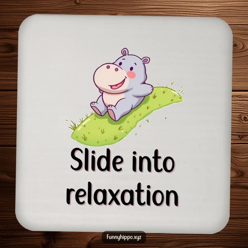 Funny Kawaii hippo character happily sliding down a grassy slope, a protective drink coaster.