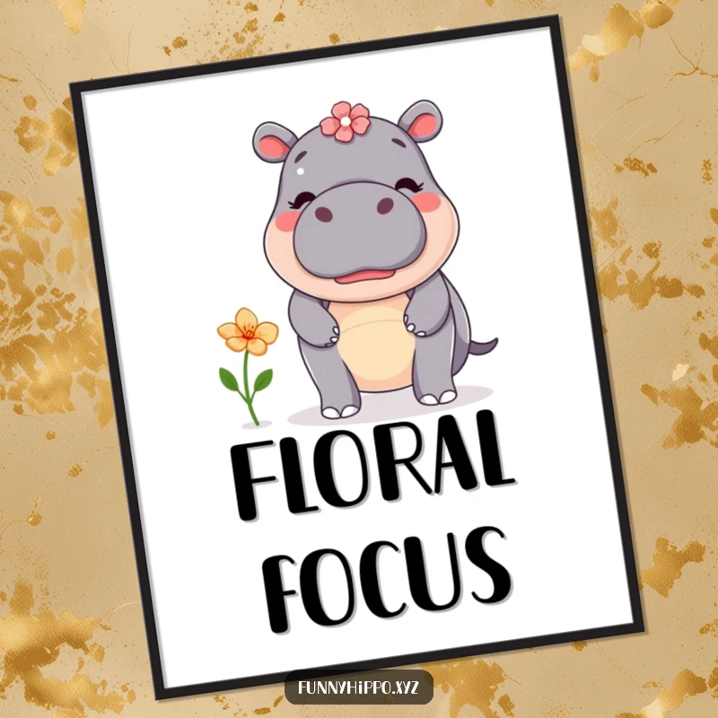 Funny kawaii hippo attempting to balance a flower on its nose, depicted as charming and focused wall art.