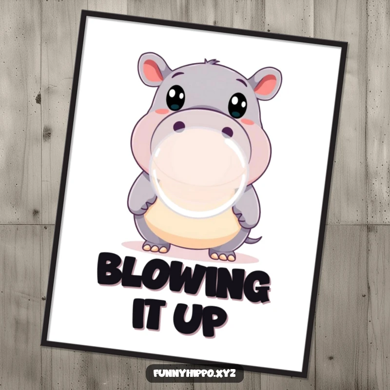 Funny Poster of a Happy Hippo with Wide Eyes Blowing a Giant, Translucent Bubble, whimsical decor