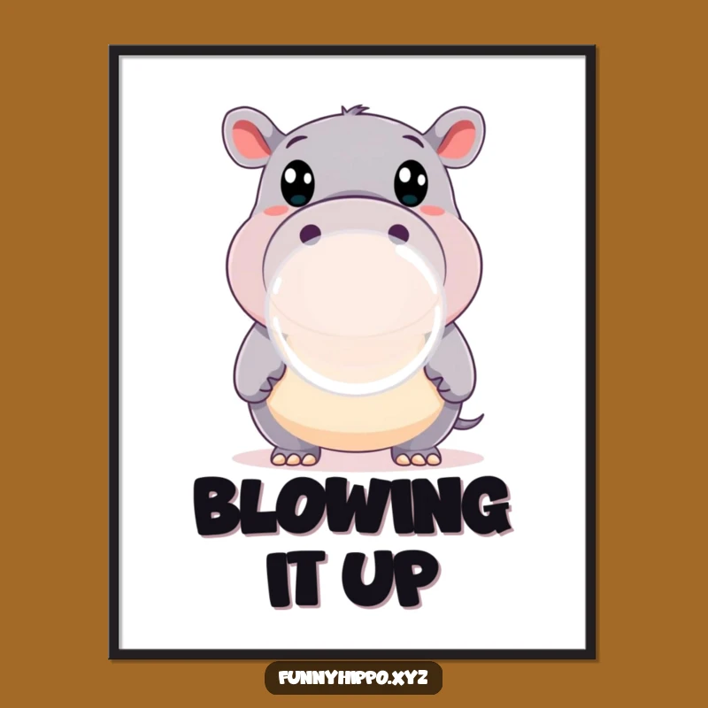 Funny Hippo Bubble Poster: Happy Wide-Eyed Hippo Blowing Big Bubble Perfect Wall Art