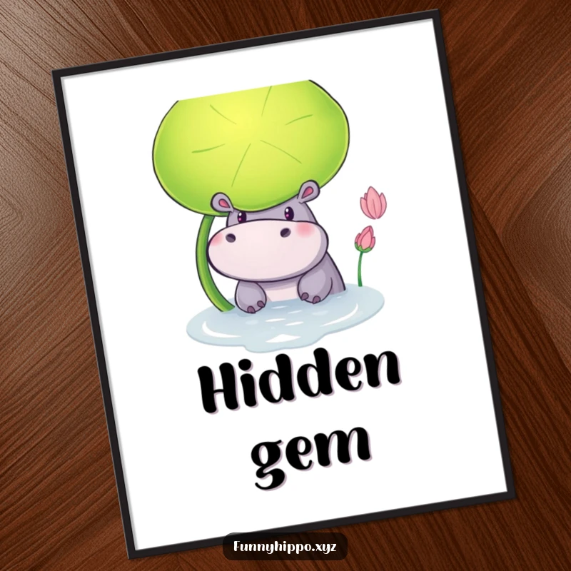 Funny Poster of a Curious Hippo Peeking from Behind a Giant Lily Pad, whimsical and engaging wall decor