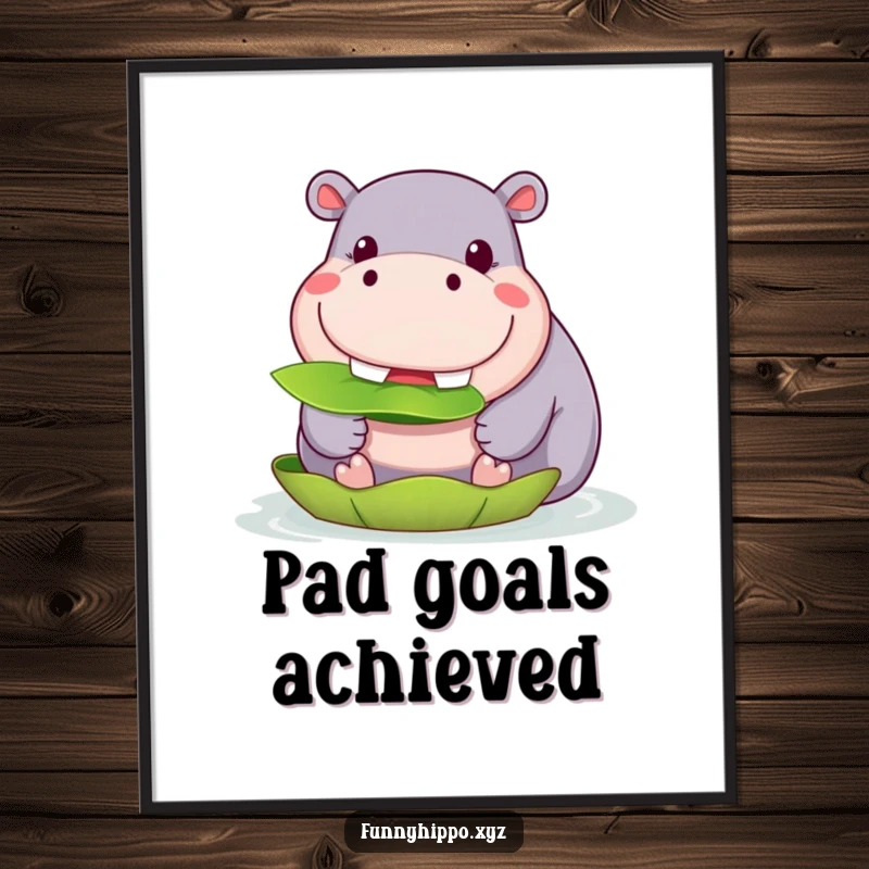 Funny Kawaii Hippo Poster showcasing a cute hippo with a wide grin happily munching on a lily pad, a cheerful funny art piece.