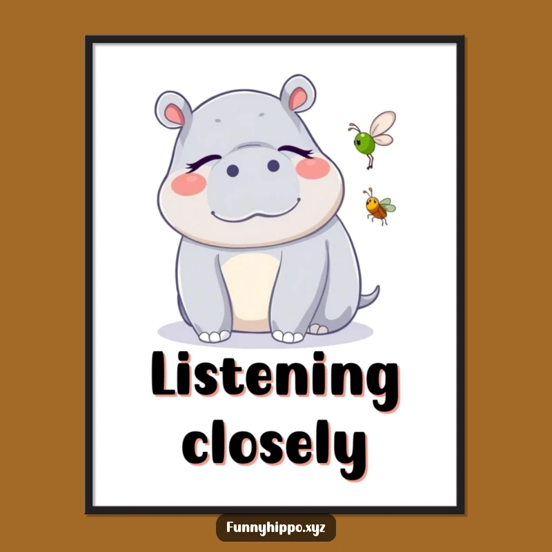 Funny Kawaii Hippo Listening Poster: Blissful Serenity Wall Art