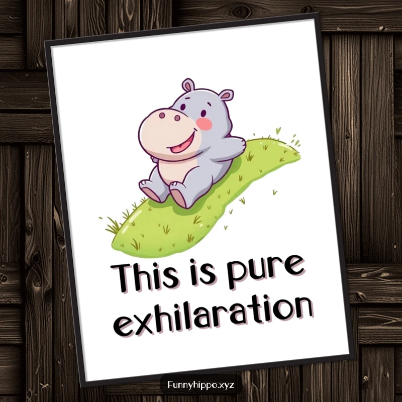 Funny Kawaii hippo joyfully sliding down a grassy slope, a dynamic poster for energetic spaces.