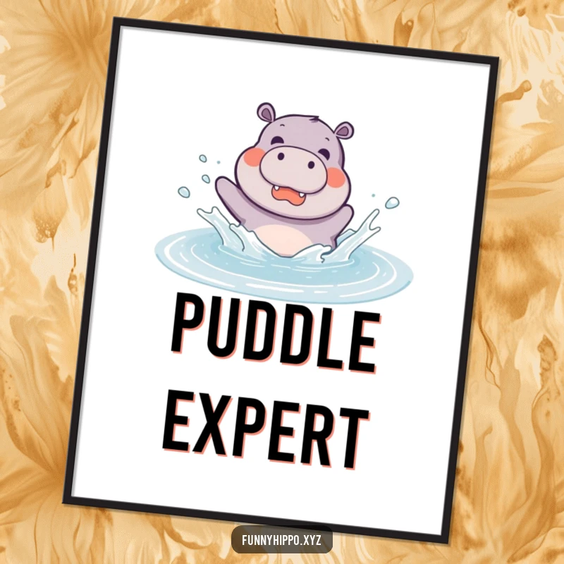 Funny kawaii hippo joyfully splashing in a large puddle, depicted as a vibrant and happy wall art.