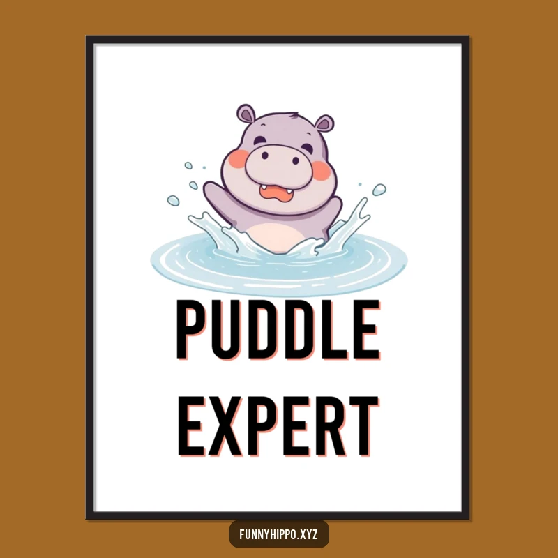 Funny Kawaii Hippo Splashing Poster - Joyful Hippo Puddle Art Print