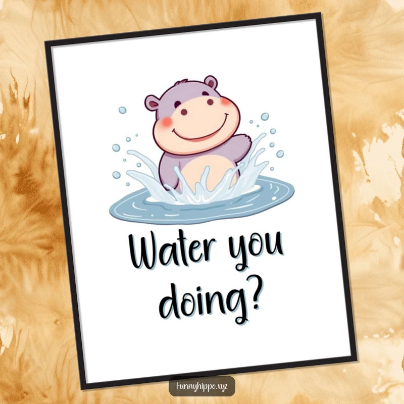 Funny Kawaii Hippo Poster showcasing a cute hippo joyfully splashing water, a vibrant and funny piece of wall decor.