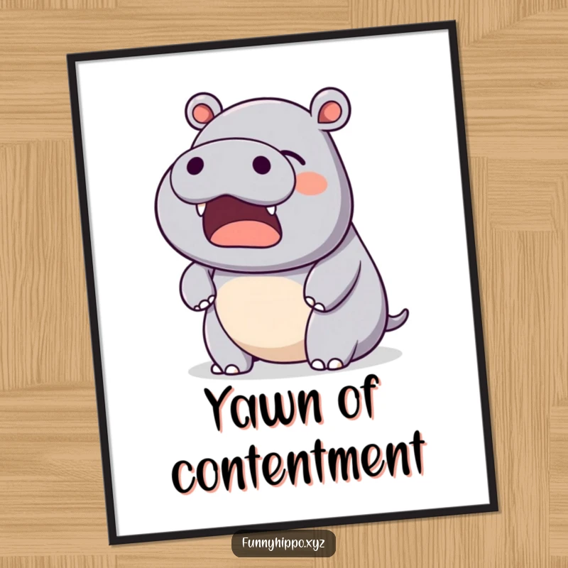 Funny Kawaii Hippo Poster art of a gentle, happy yawn, perfect for peaceful and humorous decor.