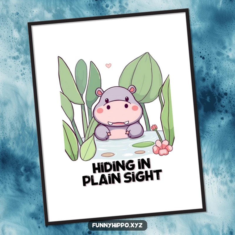 Funny kawaii hippo peeking out from behind a large, friendly water plant, presented as a vibrant wall poster.