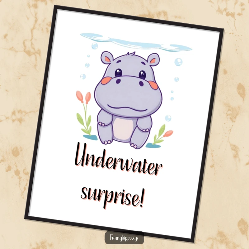 Funny Kawaii Hippo Poster art of a surprised face peeking from underwater, humorous wall decoration.