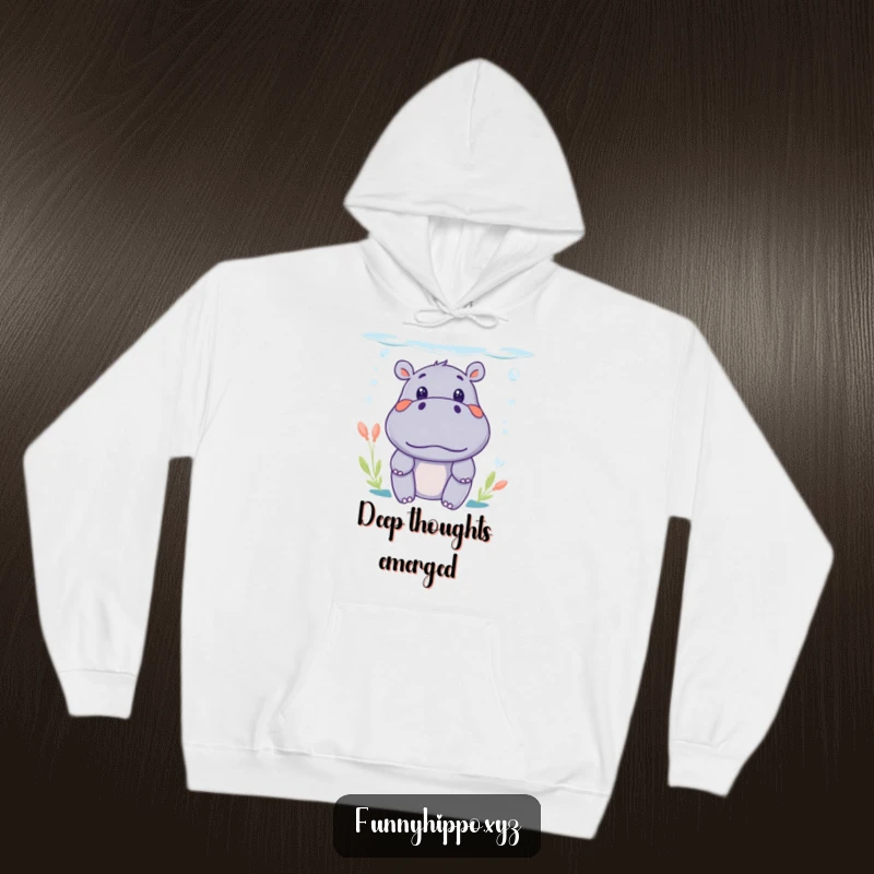 Funny Kawaii Hippo Hoodie showing a surprised expression while peeking from underwater, warm and humorous.