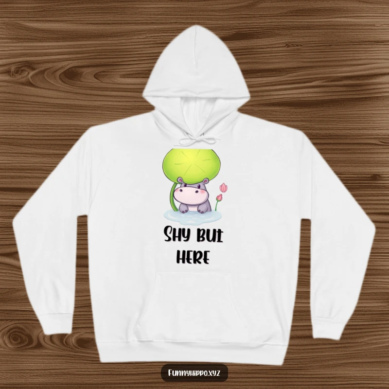 Funny Hoodie featuring a Curious Hippo Peeking from Behind a Giant Lily Pad, soft and warm