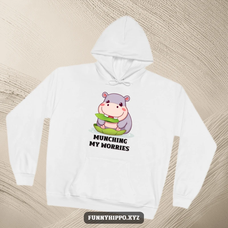 Funny Kawaii Hippo Hoodie featuring a cute hippo with a wide grin munching on a lily pad, a warm and funny gift.