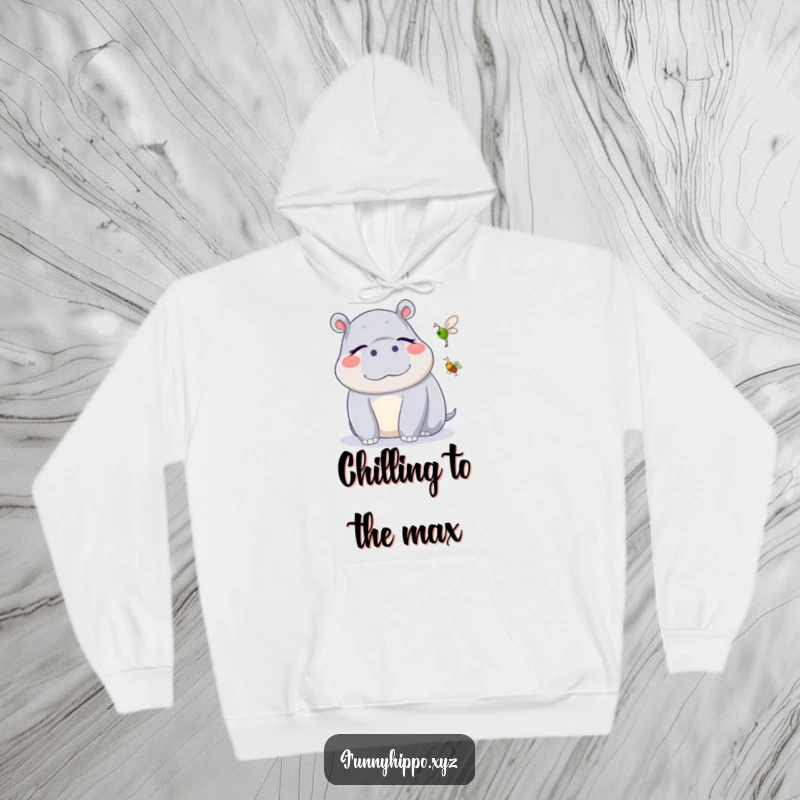Funny Kawaii Hippo Hoodie featuring a cute hippo blissfully listening to a cricket, a warm and funny gift for relaxation.