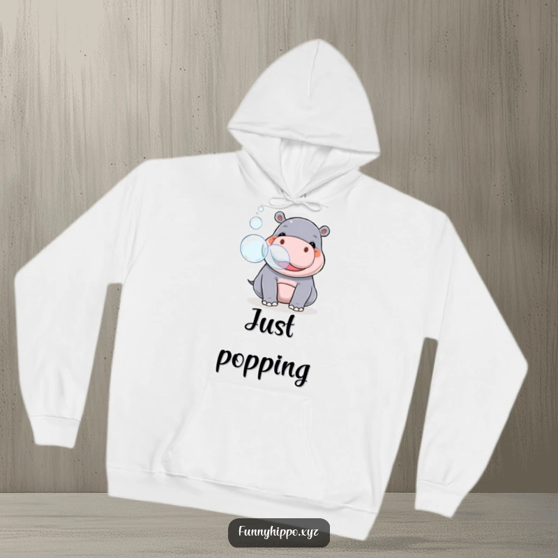 Funny kawaii hippo playfully blowing large, colorful bubbles from its snout, creating a magical and cozy atmosphere.