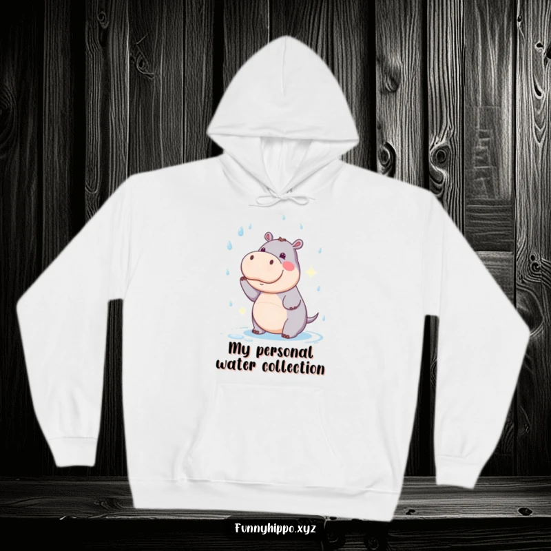Funny Kawaii Hippo Hoodie depicting a hilarious attempt at catching raindrops, a warm and humorous gift.