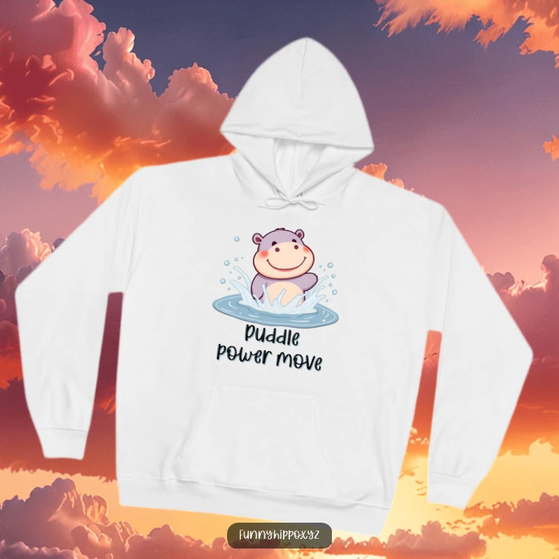 Funny Kawaii Hippo Hoodie featuring a cute hippo splashing in a puddle, a warm and funny gift for splash-lovers.