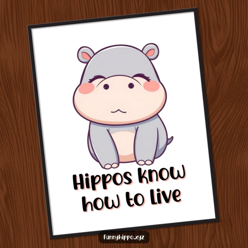 Funny Free Printable Wall Art: A Kawaii hippo character with its eyes closed, embodying pure, blissful delight.