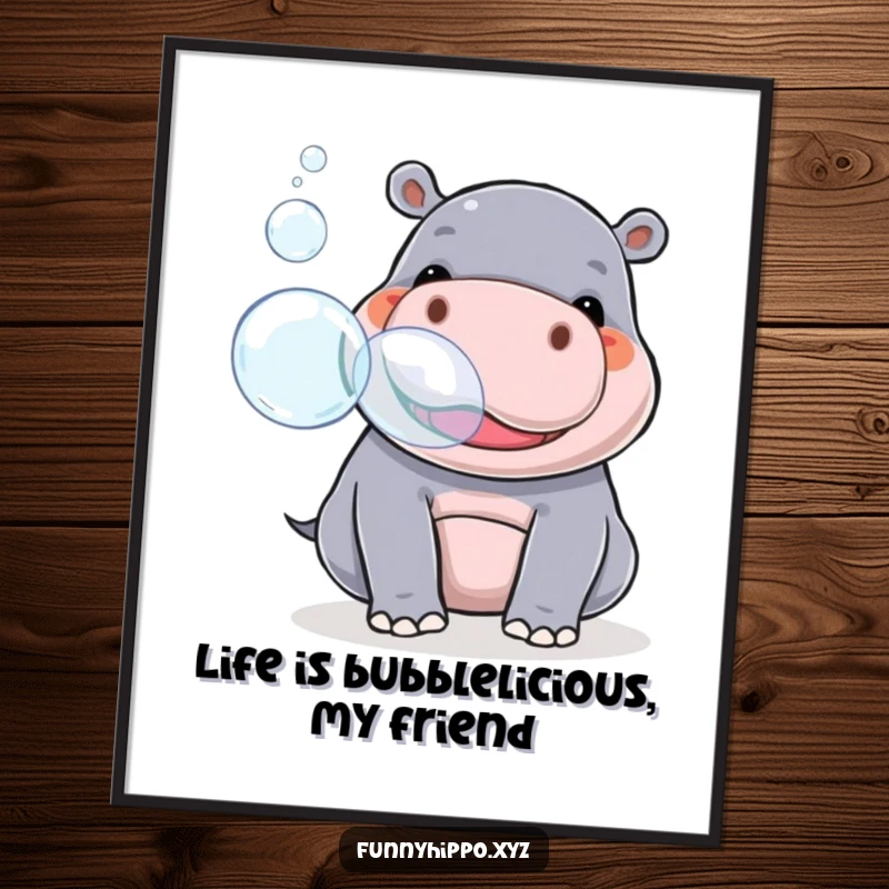 Funny Free Printable Wall Art: A kawaii hippo playfully blowing huge, shimmering bubbles from its snout, creating a magical scene.