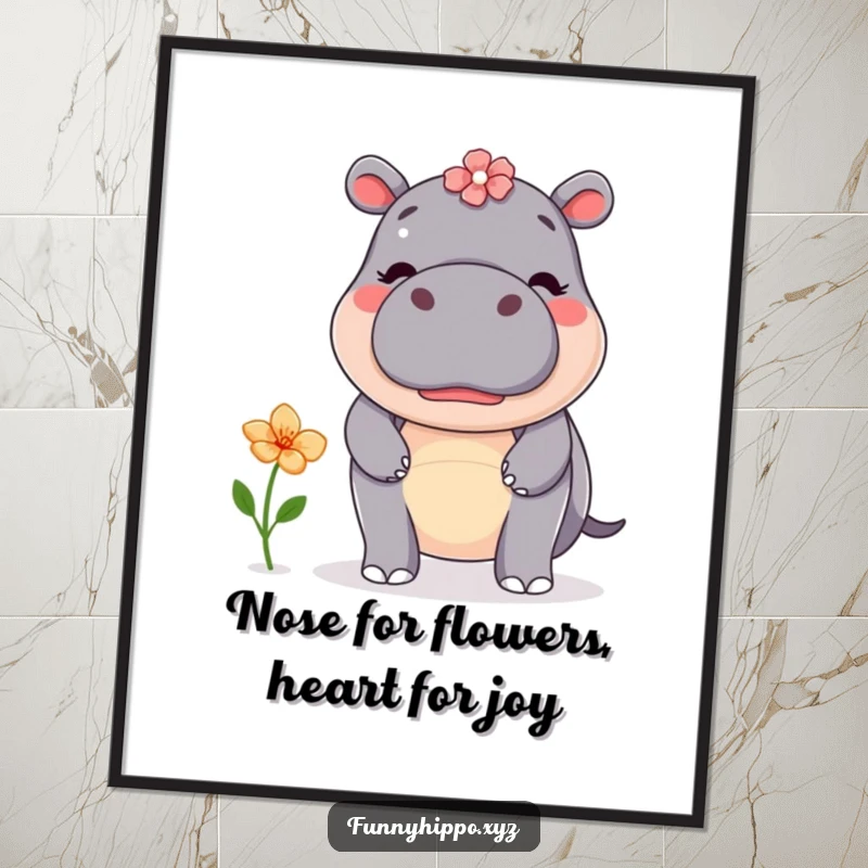 Funny Free Printable Wall Art: A kawaii hippo with focused eyes attempting to perfectly balance a small, colorful flower on the tip of its nose.