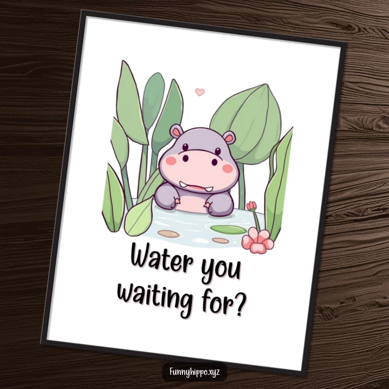 Funny free printable wall art of a kawaii hippo humorously peeking from behind a large, friendly water plant, adding charm to any room.
