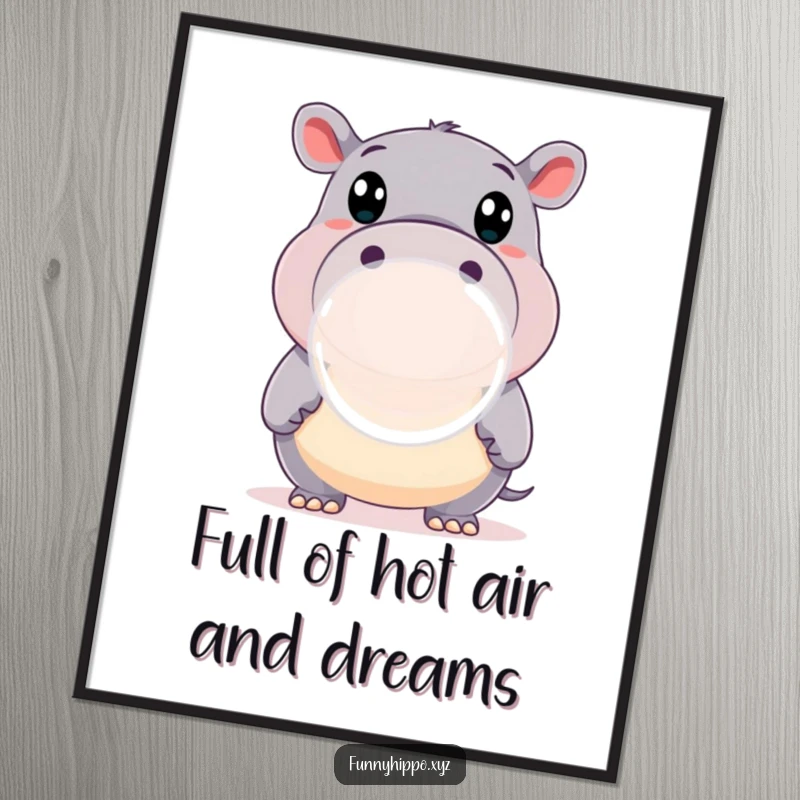 Funny Free Printable Wall Art: A happy hippo with wide eyes blowing a giant, clear bubble, looking amused, perfect for DIY wall decor.