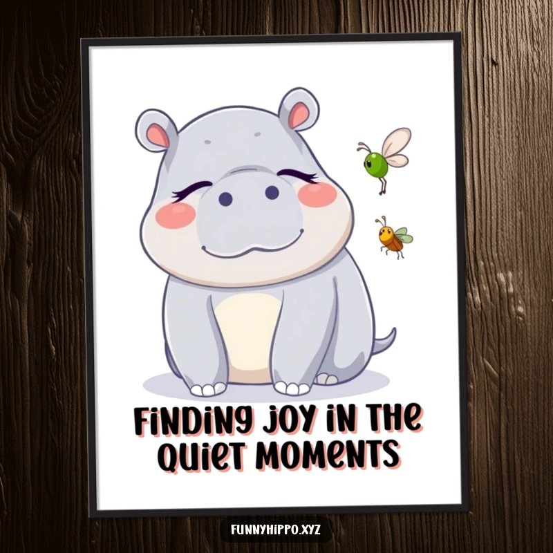 Funny Free Printable Hippo Listening Wall Art, a kawaii hippo with eyes closed, blissfully enjoying a cricket's chirp.