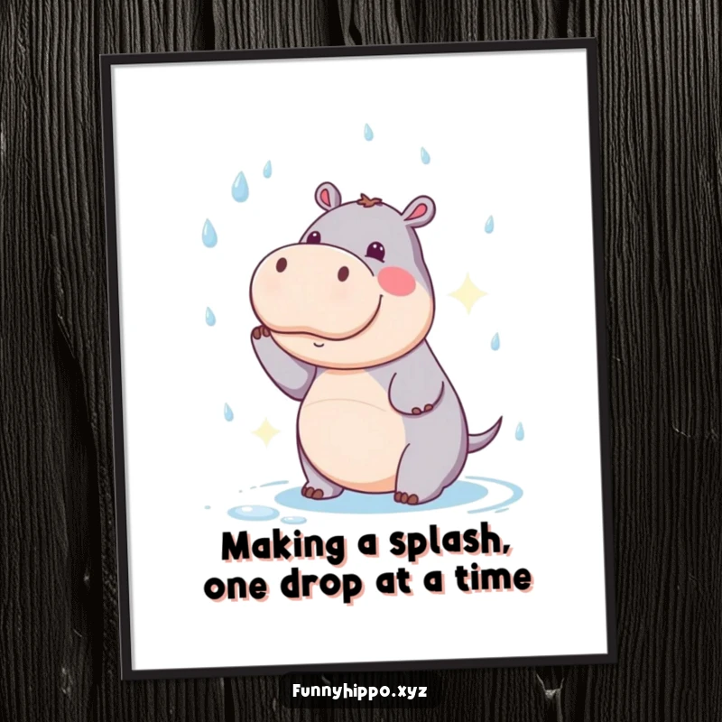 Funny Free Printable Hippo Wall Art: A kawaii hippo comically tries to catch falling raindrops, a humorous piece of art.