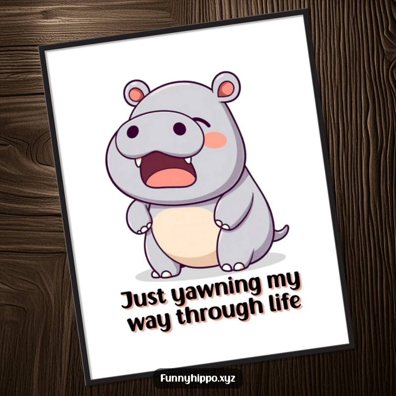 Funny Free Printable Hippo Wall Art: A kawaii hippo performs a gentle, happy yawn, bringing a sense of calm to any room.