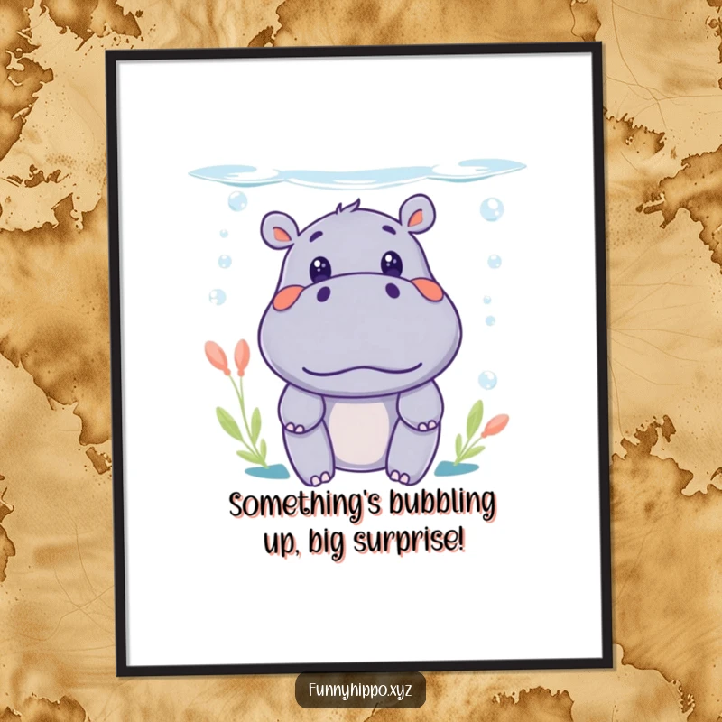 Funny Free Printable Hippo Wall Art: A kawaii hippo peeks surprised from underwater, adding a playful touch to decor.