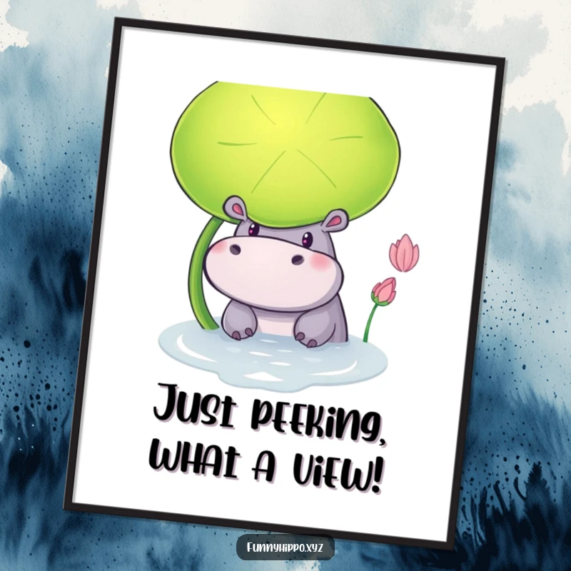 Funny Free Printable Wall Art: A curious hippo peeking from behind a giant lily pad, with a playful glint in its eye, perfect for DIY decor.
