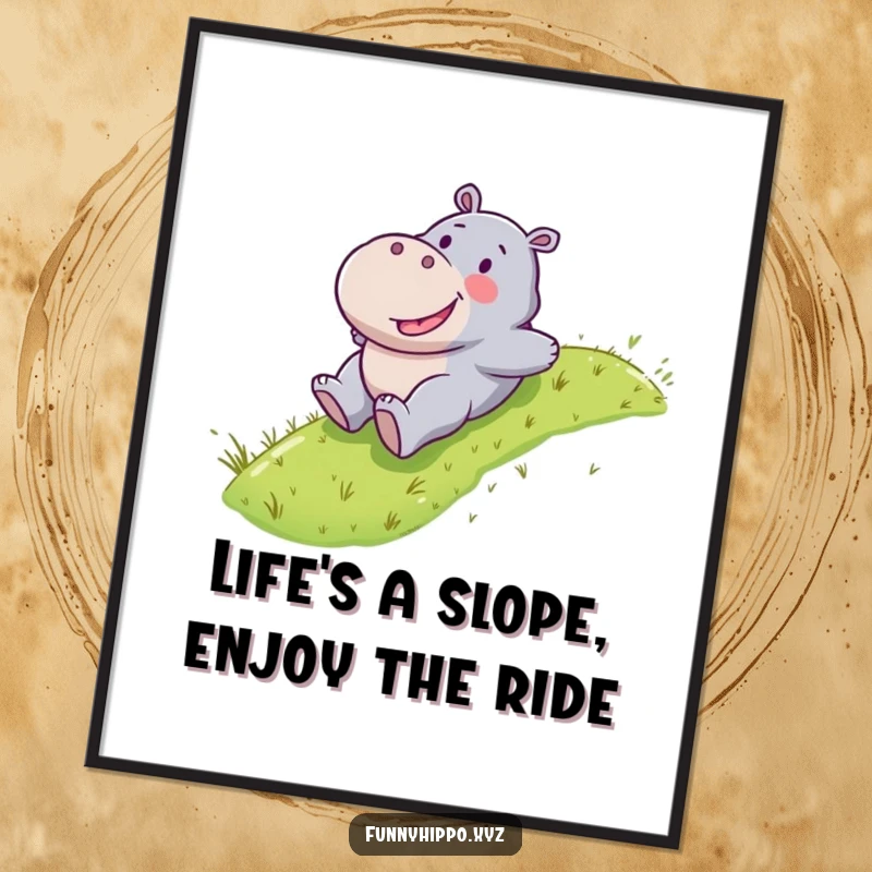 Funny Free Printable Wall Art: A Kawaii hippo character taking a happy slide down a vibrant grassy slope.