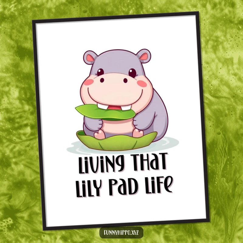 Funny Free Printable Hippo Munching Wall Art, a kawaii hippo with a wide grin happily eating a lily pad.