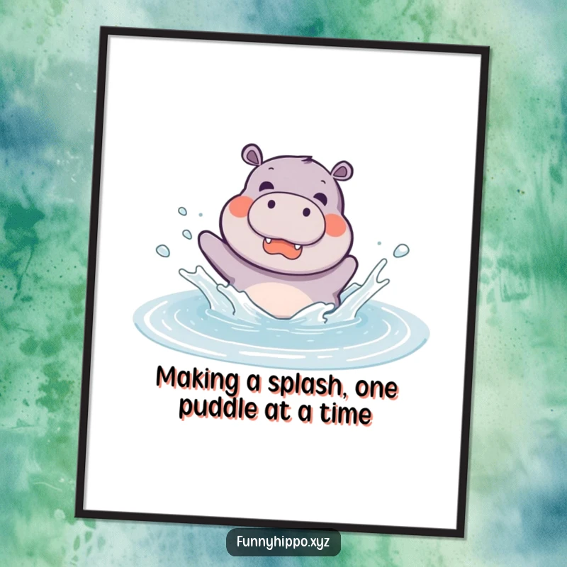Funny Free Printable Wall Art: A kawaii hippo exuberantly splashing in a large puddle, radiating pure happiness and playful energy.
