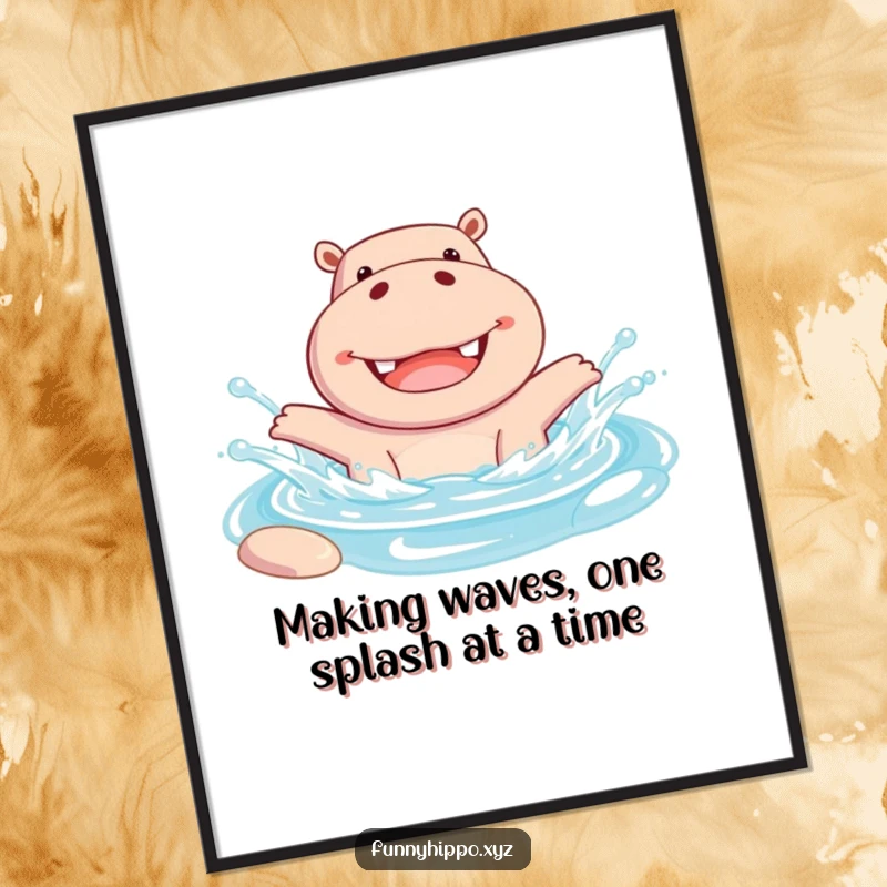 Funny Free Printable Wall Art: A cheerful hippo joyfully splashing in a pool, with water droplets flying, bringing a smile, perfect for DIY decor.