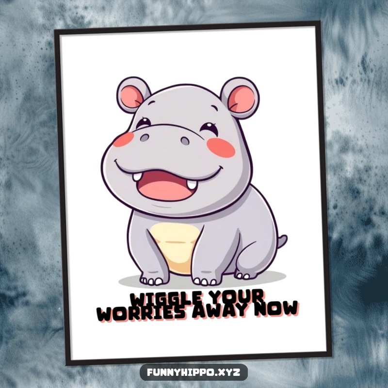 Funny Free Printable Wall Art: A kawaii hippo joyfully wiggling its ears with immense delight, radiating pure, unadulterated happiness.