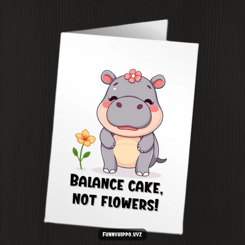 Funny Free Printable Birthday Card: Kawaii hippo concentrating hard while attempting to balance a delicate flower on its nose.